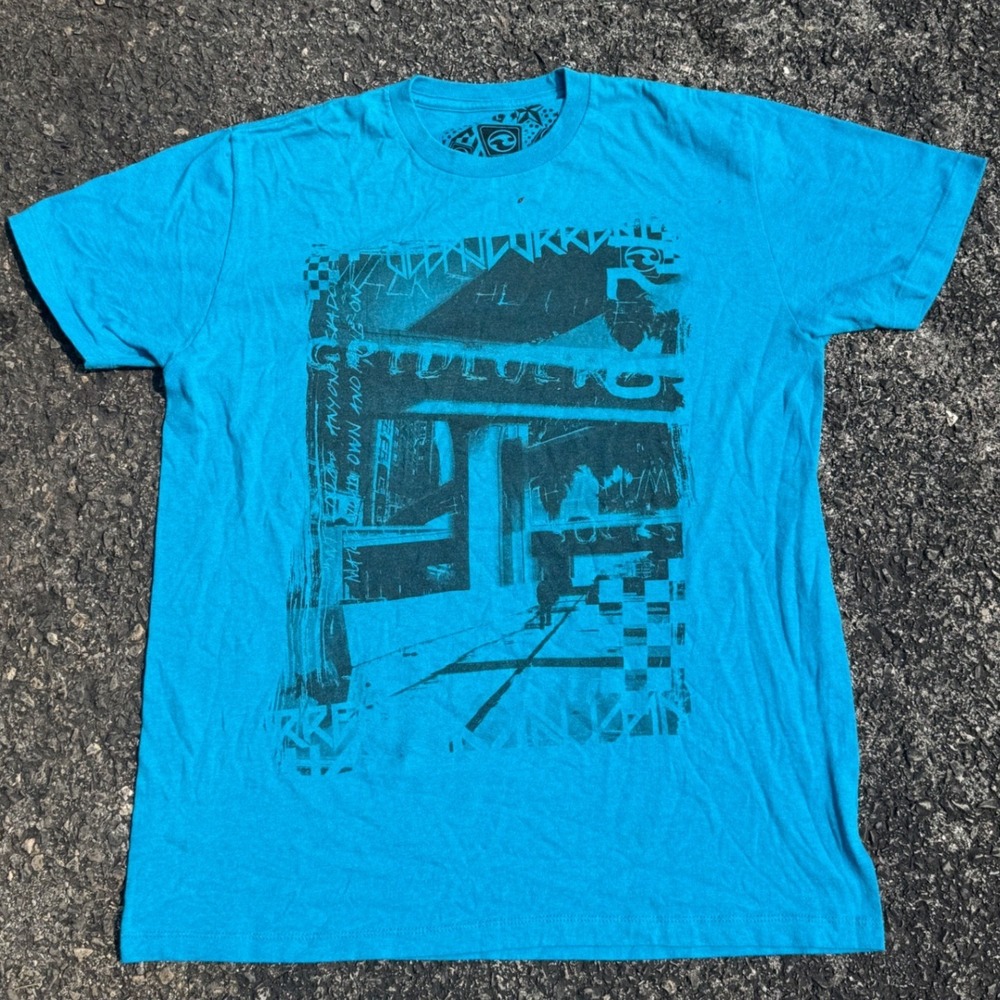 Current Surf Graphic T-Shirt Mens Large Blue Y2K Skate Streetwear Tee
